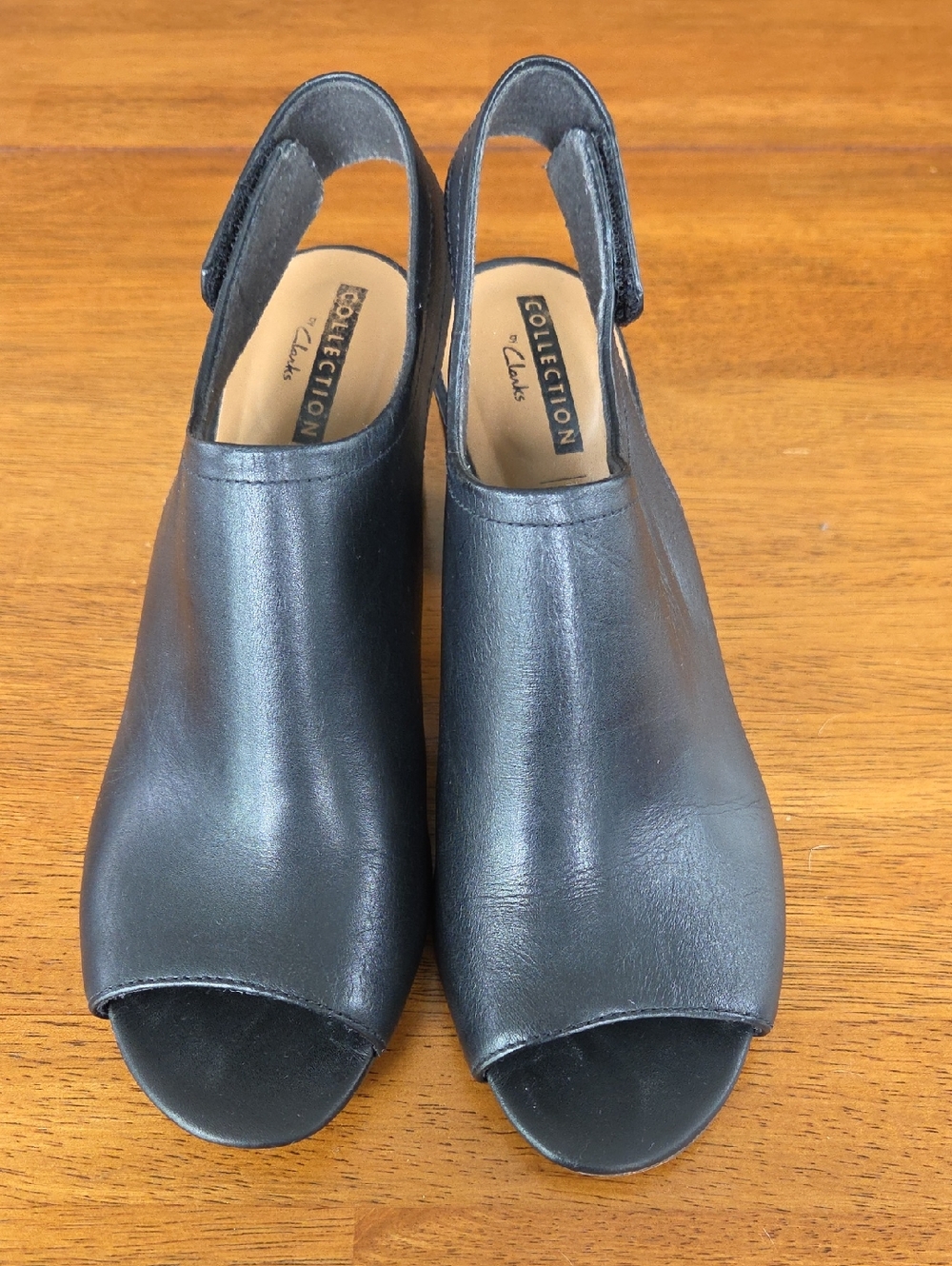 Clarks Black Leather Peep-Toe Slingback Heels